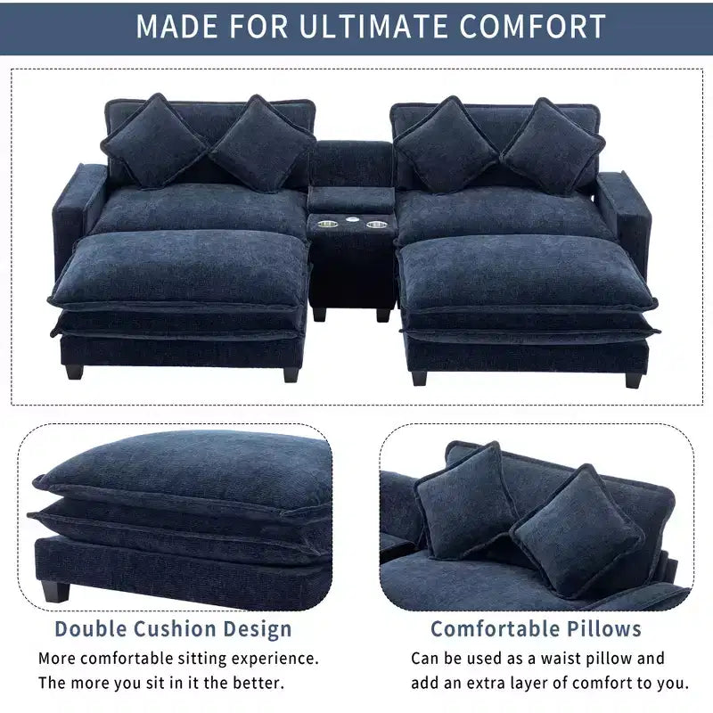 Canapé d'angle moderne Whisen 111 avec pouf, ports USB, porte-gobelets et grand coffre de rangement