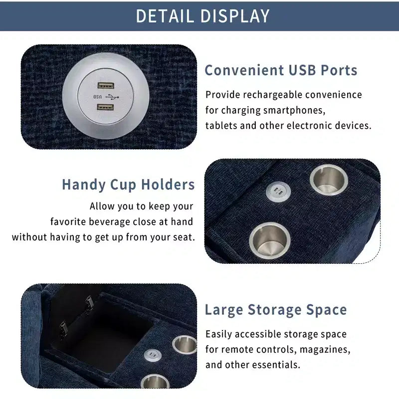 Canapé d'angle moderne Whisen 111 avec pouf, ports USB, porte-gobelets et grand coffre de rangement