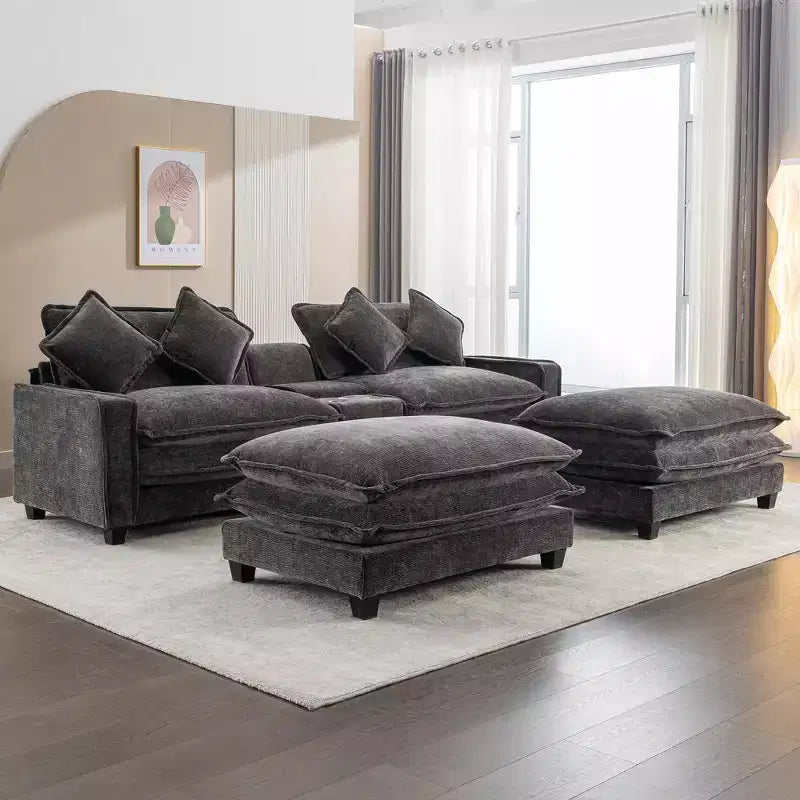 Canapé d'angle moderne Whisen 111 avec pouf, ports USB, porte-gobelets et grand coffre de rangement