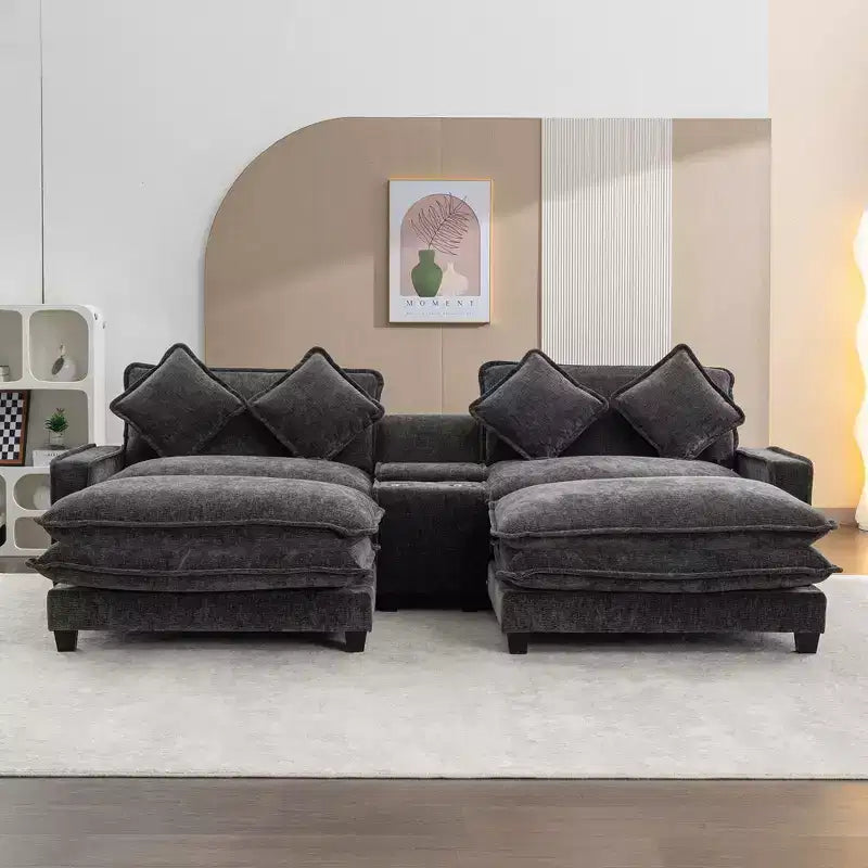 Canapé d'angle moderne Whisen 111 avec pouf, ports USB, porte-gobelets et grand coffre de rangement