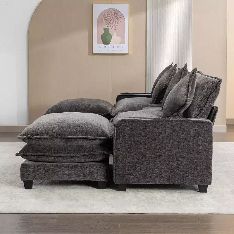 Canapé d'angle moderne Whisen 111 avec pouf, ports USB, porte-gobelets et grand coffre de rangement