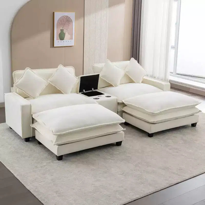 Canapé d'angle moderne Whisen 111 avec pouf, ports USB, porte-gobelets et grand coffre de rangement