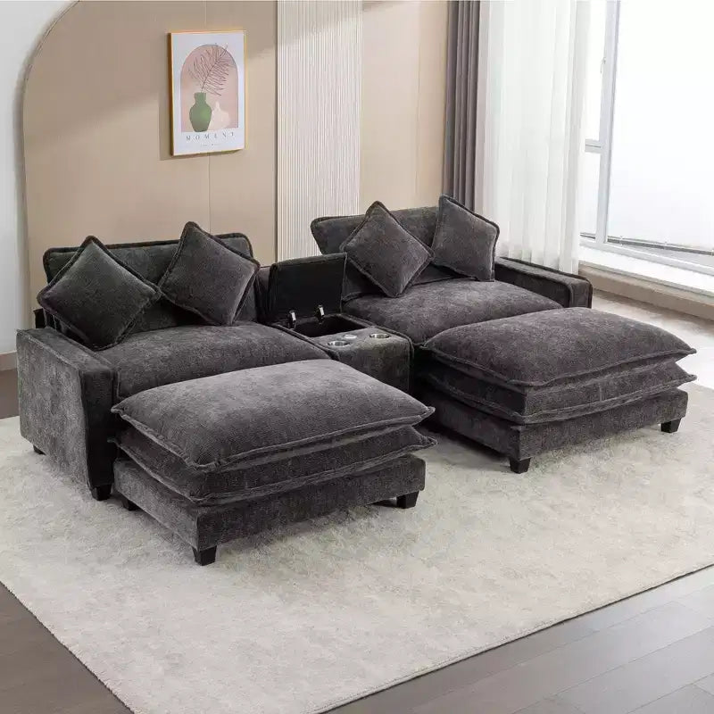 Canapé d'angle moderne Whisen 111 avec pouf, ports USB, porte-gobelets et grand coffre de rangement