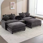 Canapé d'angle moderne Whisen 111 avec pouf, ports USB, porte-gobelets et grand coffre de rangement