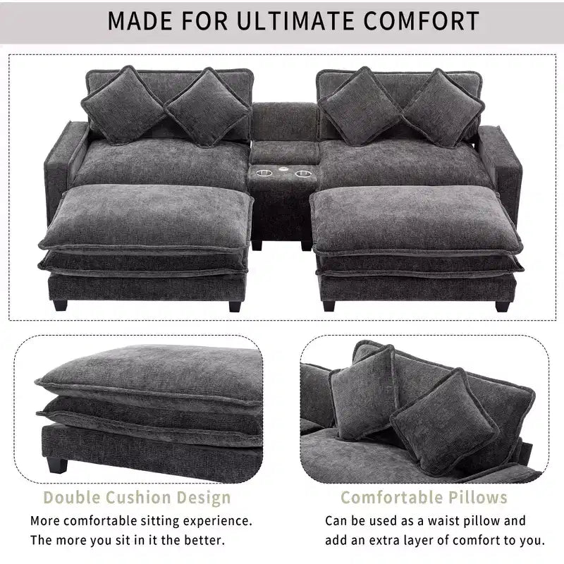 Canapé d'angle moderne Whisen 111 avec pouf, ports USB, porte-gobelets et grand coffre de rangement