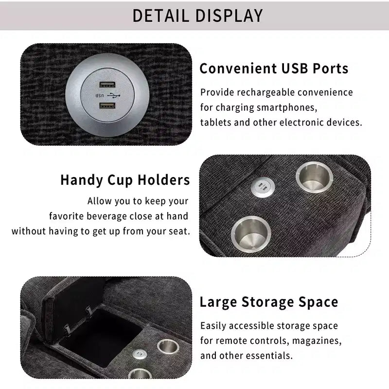 Canapé d'angle moderne Whisen 111 avec pouf, ports USB, porte-gobelets et grand coffre de rangement