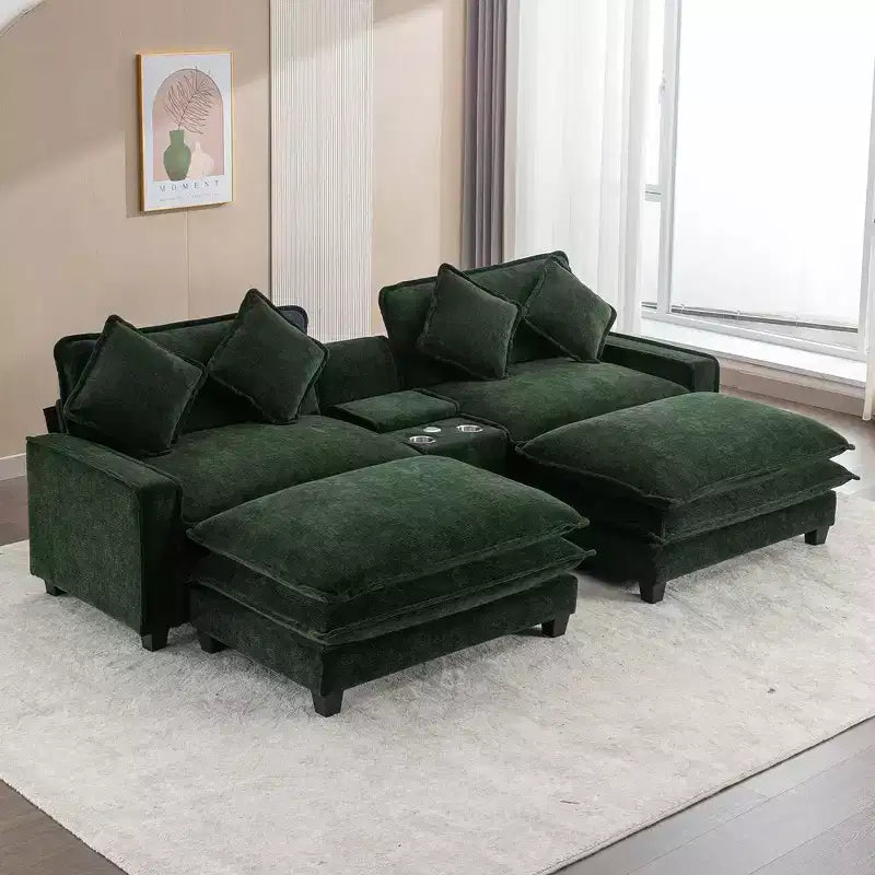 Canapé d'angle moderne Whisen 111 avec pouf, ports USB, porte-gobelets et grand coffre de rangement