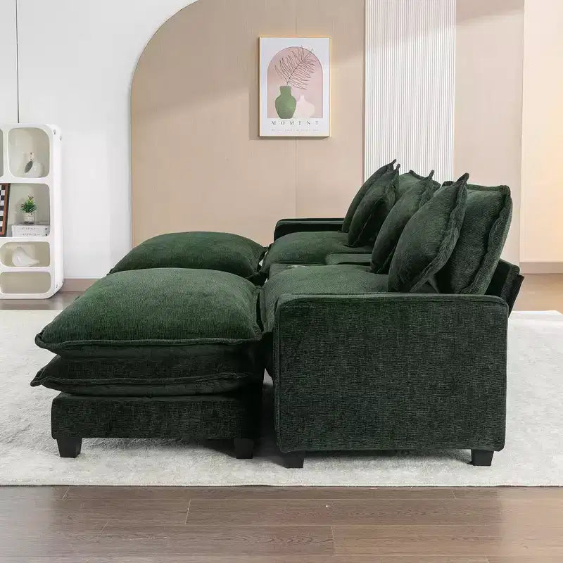 Canapé d'angle moderne Whisen 111 avec pouf, ports USB, porte-gobelets et grand coffre de rangement