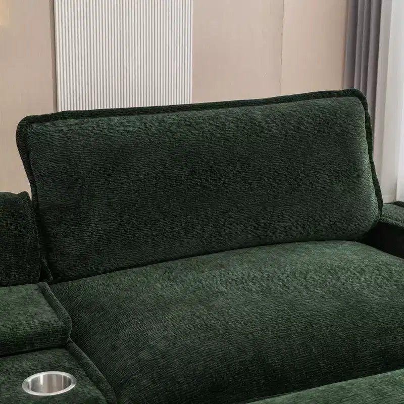 Canapé d'angle moderne Whisen 111 avec pouf, ports USB, porte-gobelets et grand coffre de rangement
