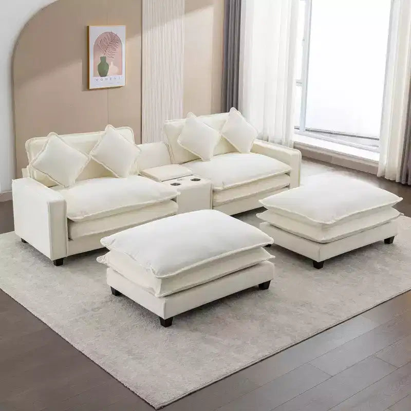 Canapé d'angle moderne Whisen 111 avec pouf, ports USB, porte-gobelets et grand coffre de rangement