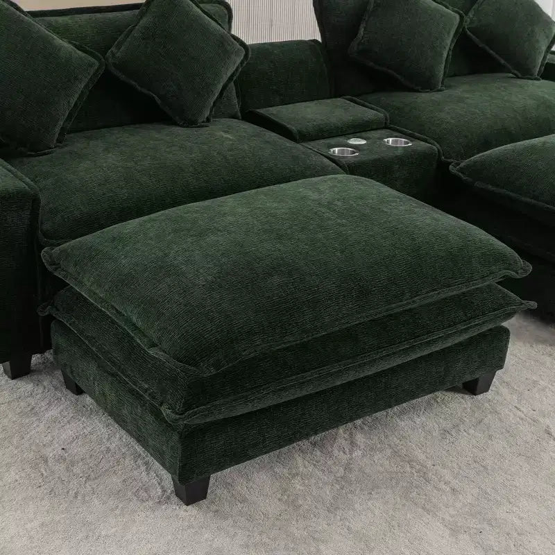 Canapé d'angle moderne Whisen 111 avec pouf, ports USB, porte-gobelets et grand coffre de rangement