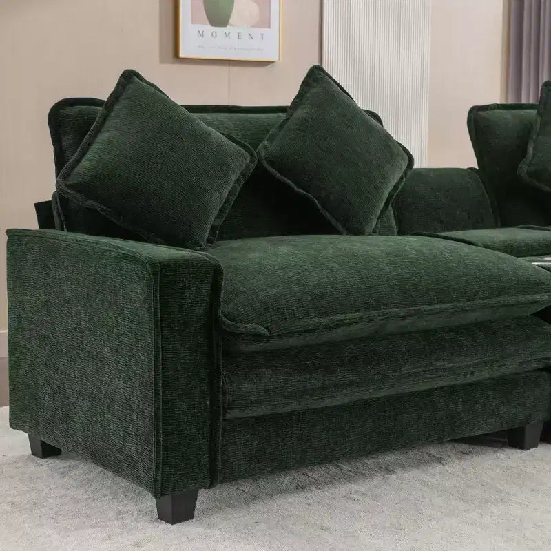 Canapé d'angle moderne Whisen 111 avec pouf, ports USB, porte-gobelets et grand coffre de rangement
