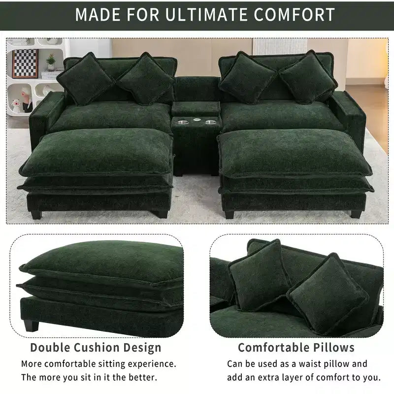 Canapé d'angle moderne Whisen 111 avec pouf, ports USB, porte-gobelets et grand coffre de rangement