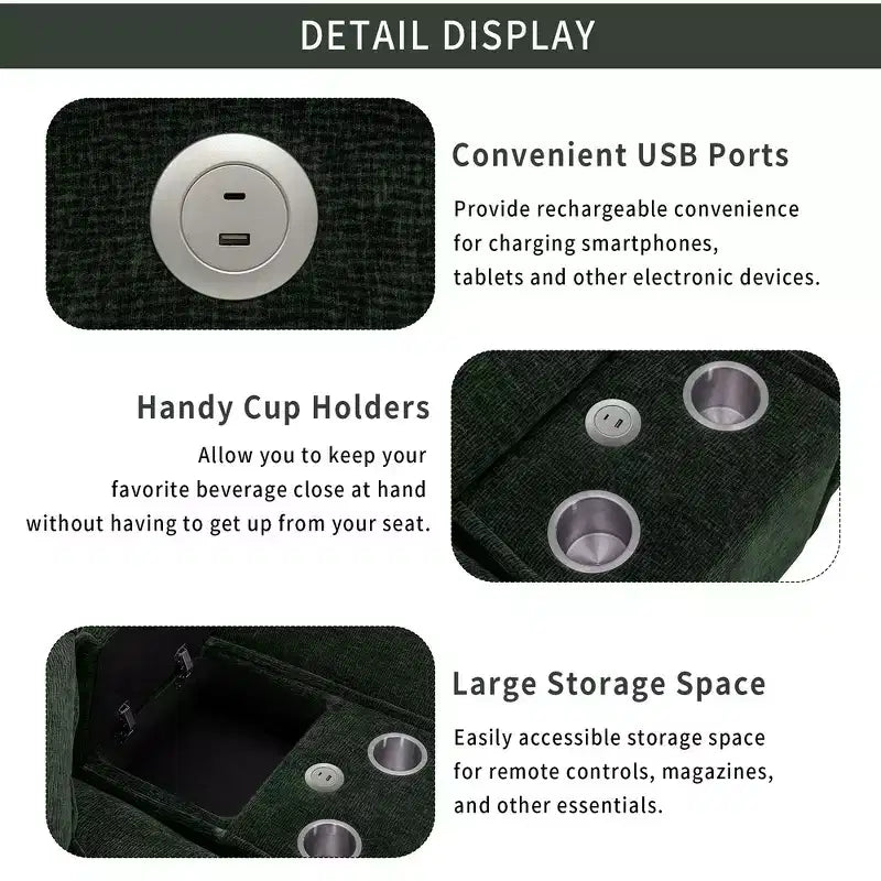 Canapé d'angle moderne Whisen 111 avec pouf, ports USB, porte-gobelets et grand coffre de rangement
