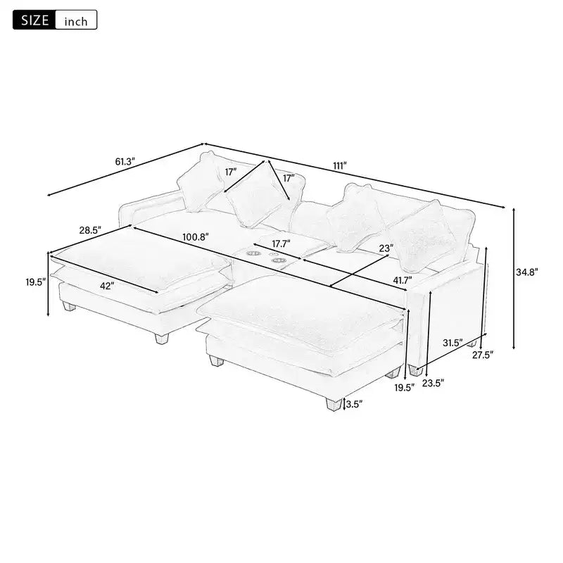 Canapé d'angle moderne Whisen 111 avec pouf, ports USB, porte-gobelets et grand coffre de rangement