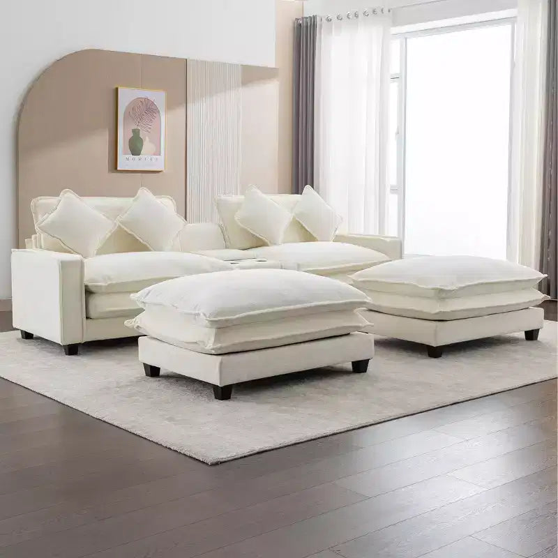 Canapé d'angle moderne Whisen 111 avec pouf, ports USB, porte-gobelets et grand coffre de rangement