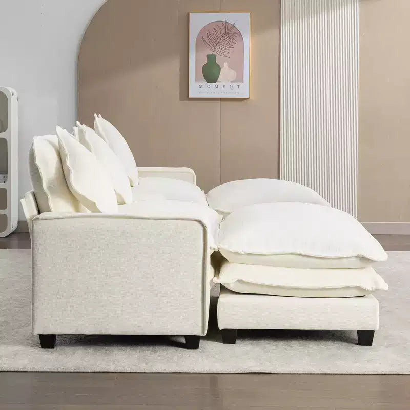 Canapé d'angle moderne Whisen 111 avec pouf, ports USB, porte-gobelets et grand coffre de rangement