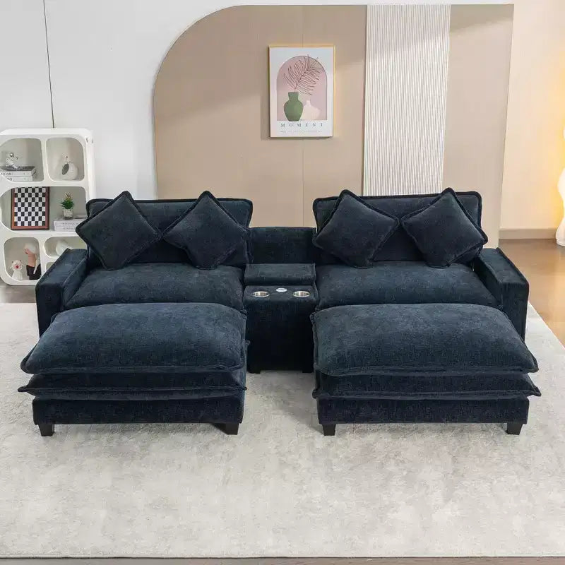 Canapé d'angle moderne Whisen 111 avec pouf, ports USB, porte-gobelets et grand coffre de rangement