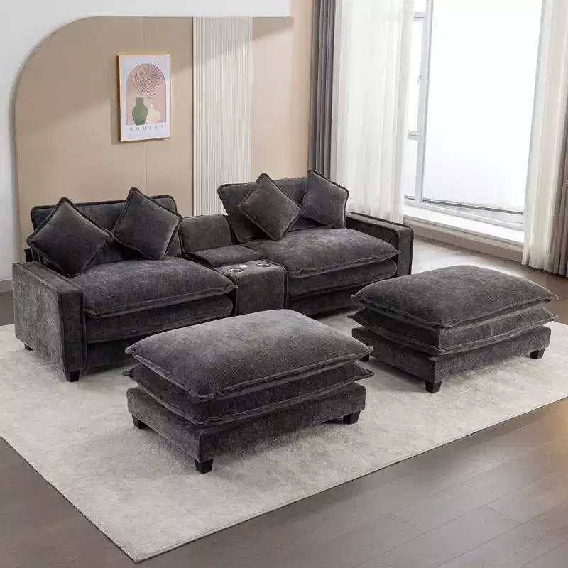Canapé d'angle moderne Whisen 111 avec pouf, ports USB, porte-gobelets et grand coffre de rangement