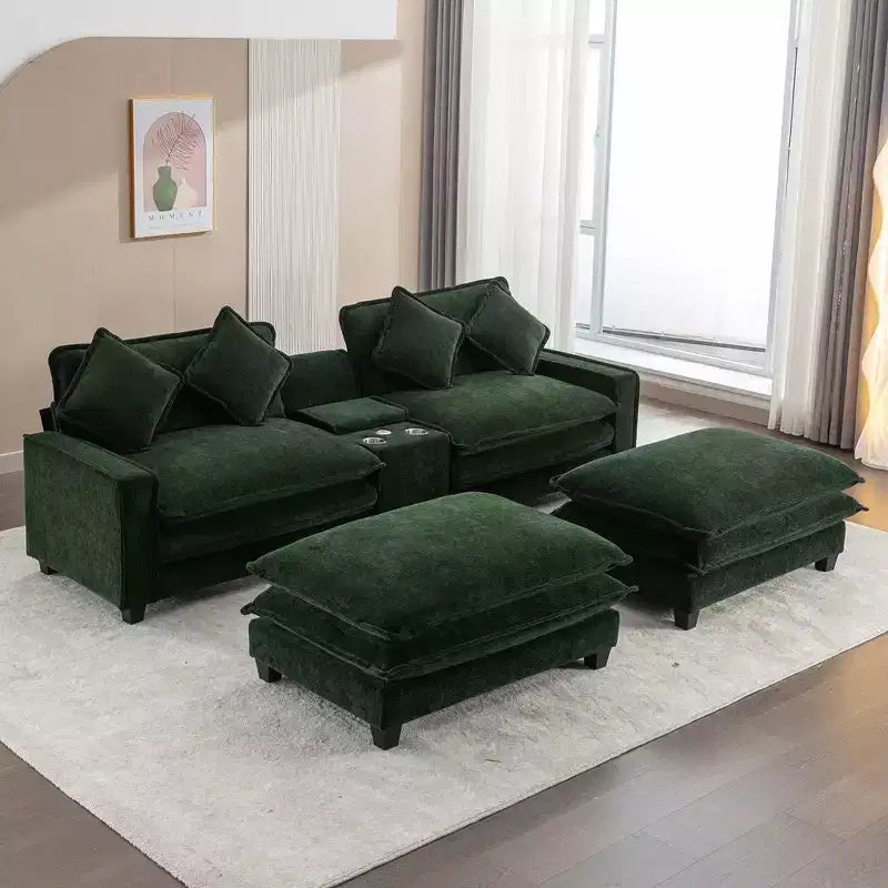 Canapé d'angle moderne Whisen 111 avec pouf, ports USB, porte-gobelets et grand coffre de rangement