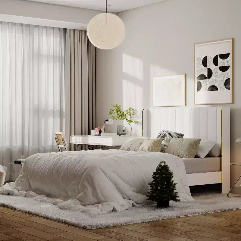 Cadre de Lit Minimaliste Élégant Famapy White Queen – Dossier Rembourré, Structure Robuste, Pieds de Luxe Dorés, Construction
