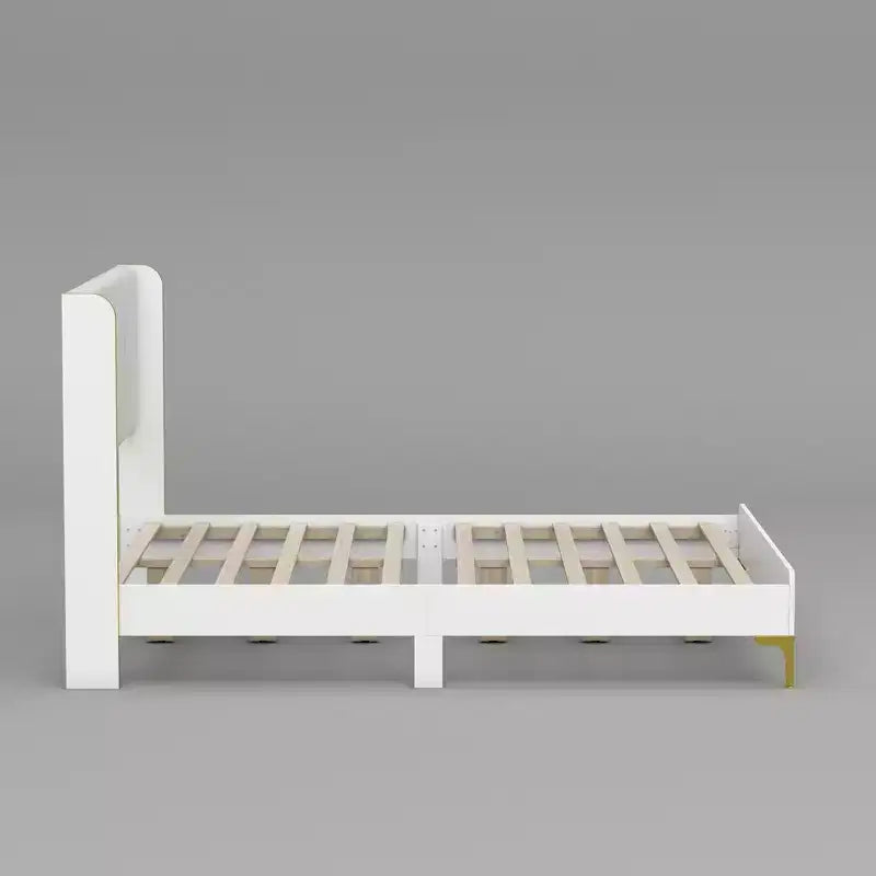 Cadre de Lit Minimaliste Élégant Famapy White Queen – Dossier Rembourré, Structure Robuste, Pieds de Luxe Dorés, Construction