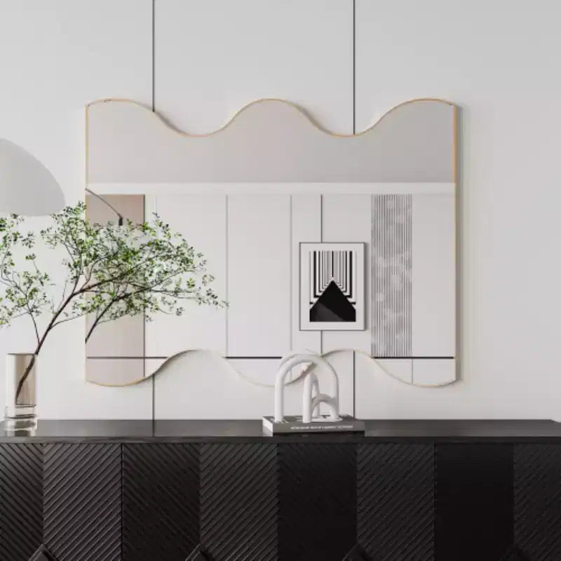 30x35 Golden Rectangular Wall Mirror with Wavy Sides: Metal Frame, Vanity, Dressing - Elegant for Bath, Living, Bed