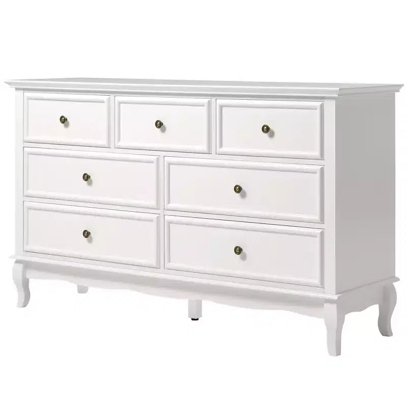 Commode Heynemo pour chambre à coucher, commode moderne à 7 tiroirs avec pieds en bois massif et finition peinte, idéale pour la chambre d'enfant, le salon, le couloir.