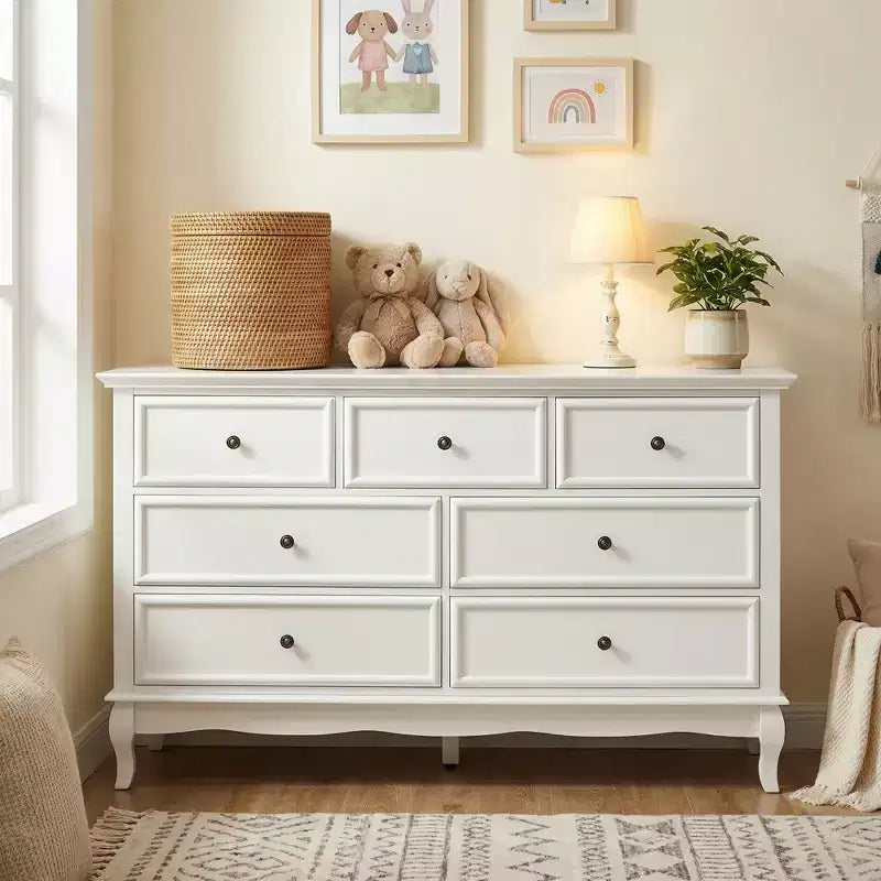 Commode Heynemo pour chambre à coucher, commode moderne à 7 tiroirs avec pieds en bois massif et finition peinte, idéale pour la chambre d'enfant, le salon, le couloir.