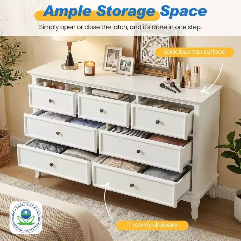 Commode Heynemo pour chambre à coucher, commode moderne à 7 tiroirs avec pieds en bois massif et finition peinte, idéale pour la chambre d'enfant, le salon, le couloir.