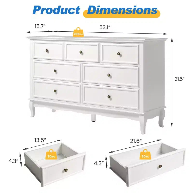 Commode Heynemo pour chambre à coucher, commode moderne à 7 tiroirs avec pieds en bois massif et finition peinte, idéale pour la chambre d'enfant, le salon, le couloir.