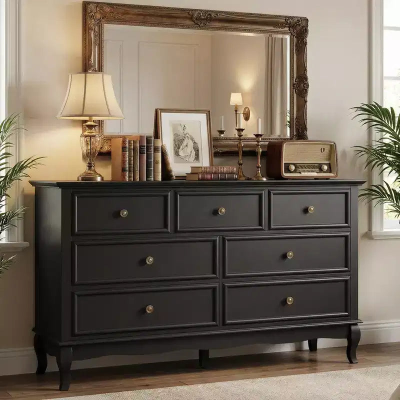 Commode Heynemo pour chambre à coucher, commode moderne à 7 tiroirs avec pieds en bois massif et finition peinte, idéale pour la chambre d'enfant, le salon, le couloir.