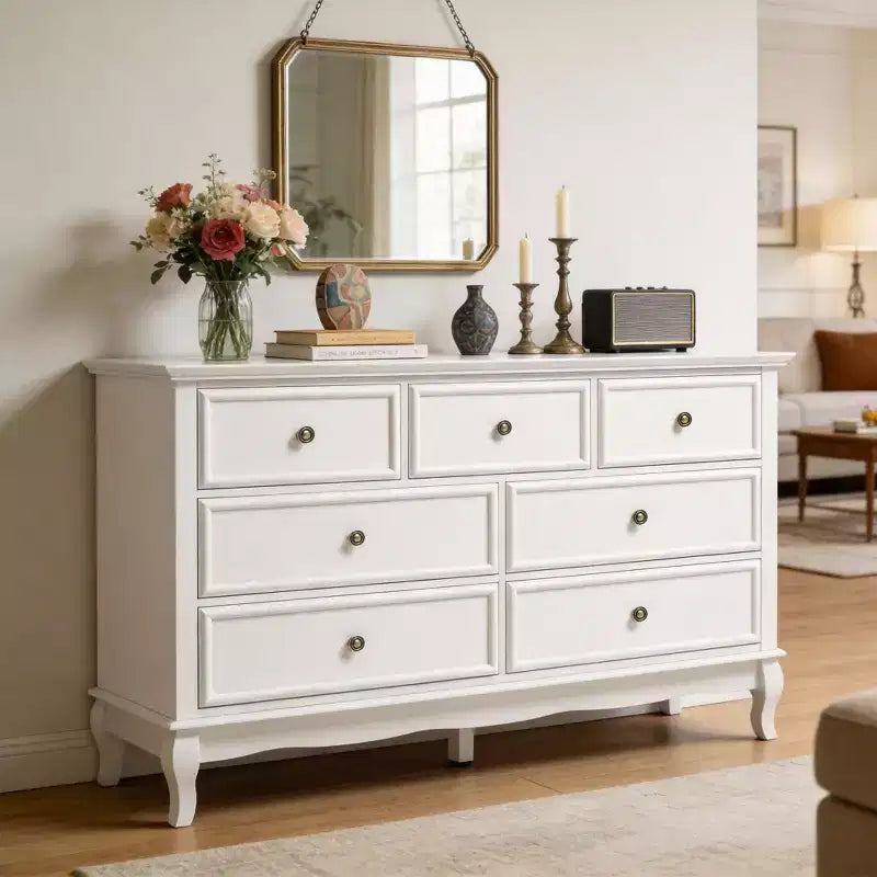 Commode Heynemo pour chambre à coucher, commode moderne à 7 tiroirs avec pieds en bois massif et finition peinte, idéale pour la chambre d'enfant, le salon, le couloir.