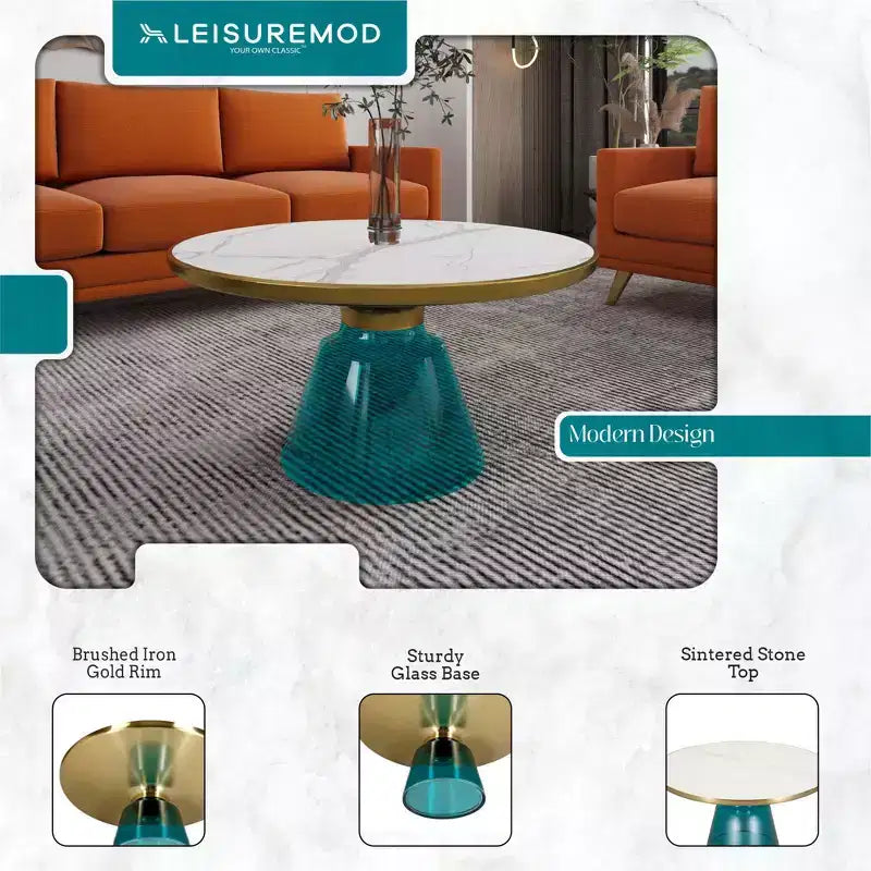 LeisureMod Tully Table Basse en Verre 30" - Table d'Appoint Moderne avec Bord Doré pour Salon, Chambre à Coucher, Bureau, Salle d'Attente, Table d'Appoint Intérieure