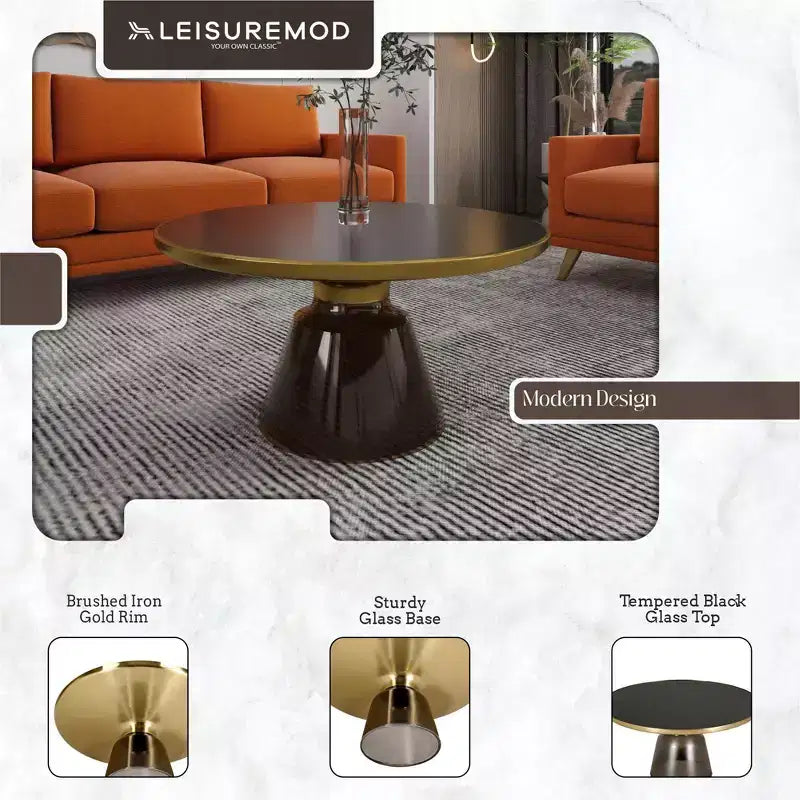 LeisureMod Tully Table Basse en Verre 30" - Table d'Appoint Moderne avec Bord Doré pour Salon, Chambre à Coucher, Bureau, Salle d'Attente, Table d'Appoint Intérieure
