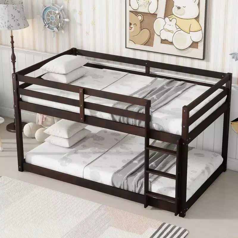 Whisen 77.3L x 43.8W Solid Rubber Wooden Twin over Twin Floor Bunk Bed with Ladder, with Bed Platform of Strengthened Slats