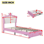 Modern Princess Bed with Crown Headboard, Single-Sized Upholstered Frame Including LED Lights