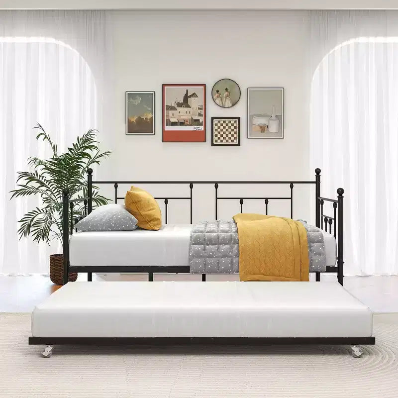 Black Victorian Twin Daybed with Trundle, Sofa Bed for Guest Room or Living Room