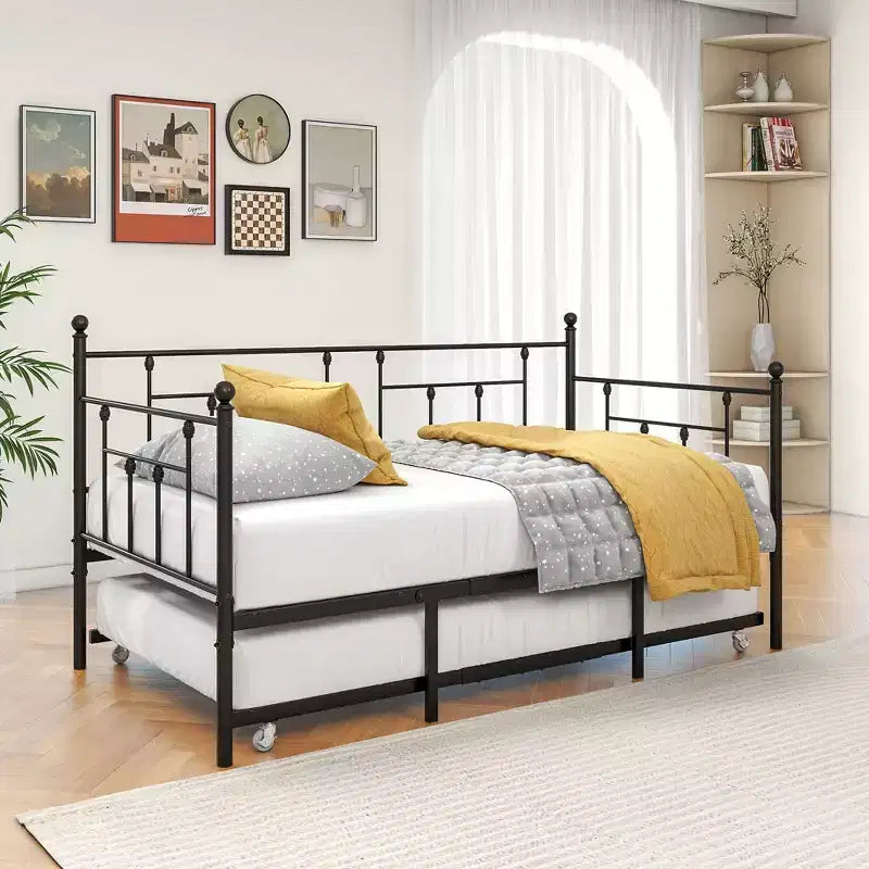 Lit de repos double victorien noir avec lit gigogne, canapé-lit pour chambre d'amis ou salon