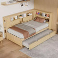 Twin Size Wood Daybed with Storage Shelves, USB and Trundle, Natural