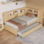 Twin Size Wood Daybed with Storage Shelves, USB and Trundle, Natural