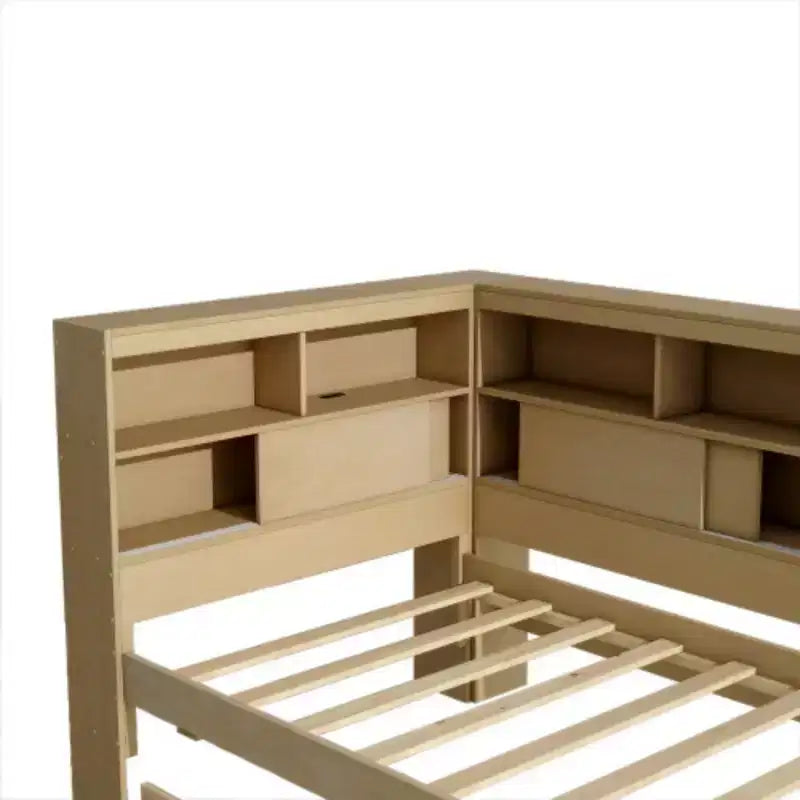 Lit de repos double en bois avec étagères de rangement, USB et lit gigogne, Naturel