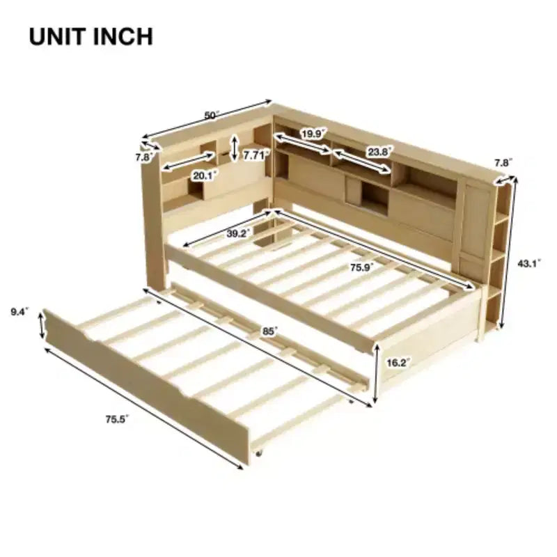 Lit de repos double en bois avec étagères de rangement, USB et lit gigogne, Naturel