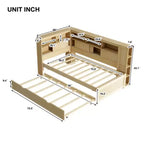 Lit de repos double en bois avec étagères de rangement, USB et lit gigogne, Naturel