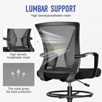 Chaise de Dessin Haute pour Bureau Debout Dossier en Maille avec Anneau Repose-pieds Réglable Support Lombaire Capacité 150 kg Tabouret de Bureau Hauteur Comptoir