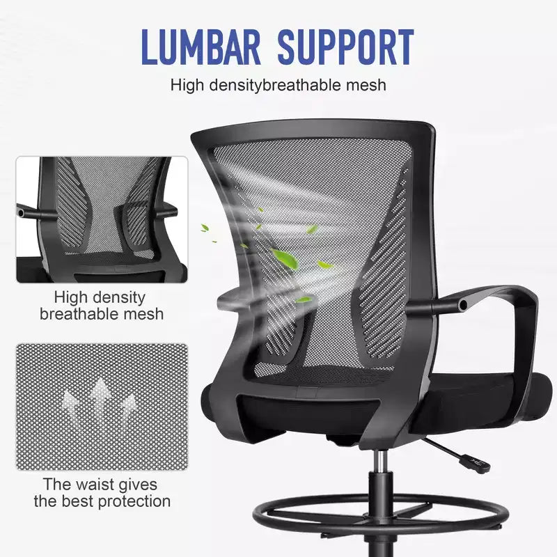 Chaise de Dessin Haute pour Bureau Debout Dossier en Maille avec Anneau Repose-pieds Réglable Support Lombaire Capacité 150 kg Tabouret de Bureau Hauteur Comptoir