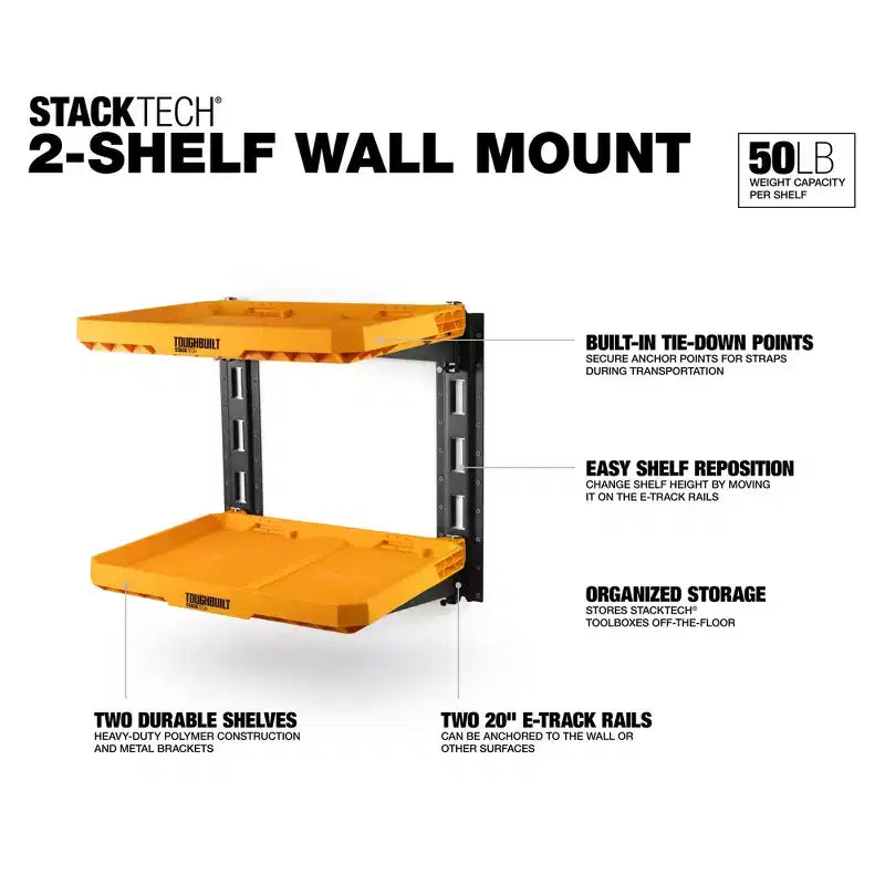 Système à 2 étagères ToughBuilt StackTech, étagères de rangement murales, organisation pour le stockage d'outils, de garage et d'atelier de menuiserie, jaune