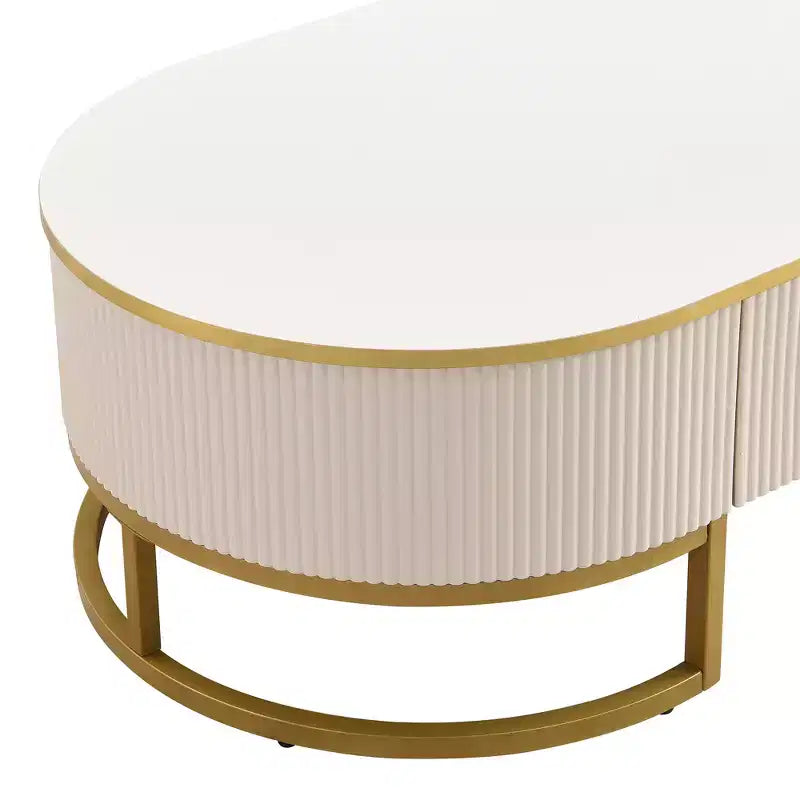 Table basse moderne 47W avec tiroirs, design profilé incurvé, pieds en métal doré, ovale, blanc+doré-ModernLuxe