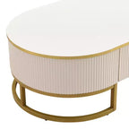 Table basse moderne 47W avec tiroirs, design profilé incurvé, pieds en métal doré, ovale, blanc+doré-ModernLuxe