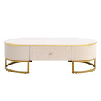 Table basse moderne 47W avec tiroirs, design profilé incurvé, pieds en métal doré, ovale, blanc+doré-ModernLuxe